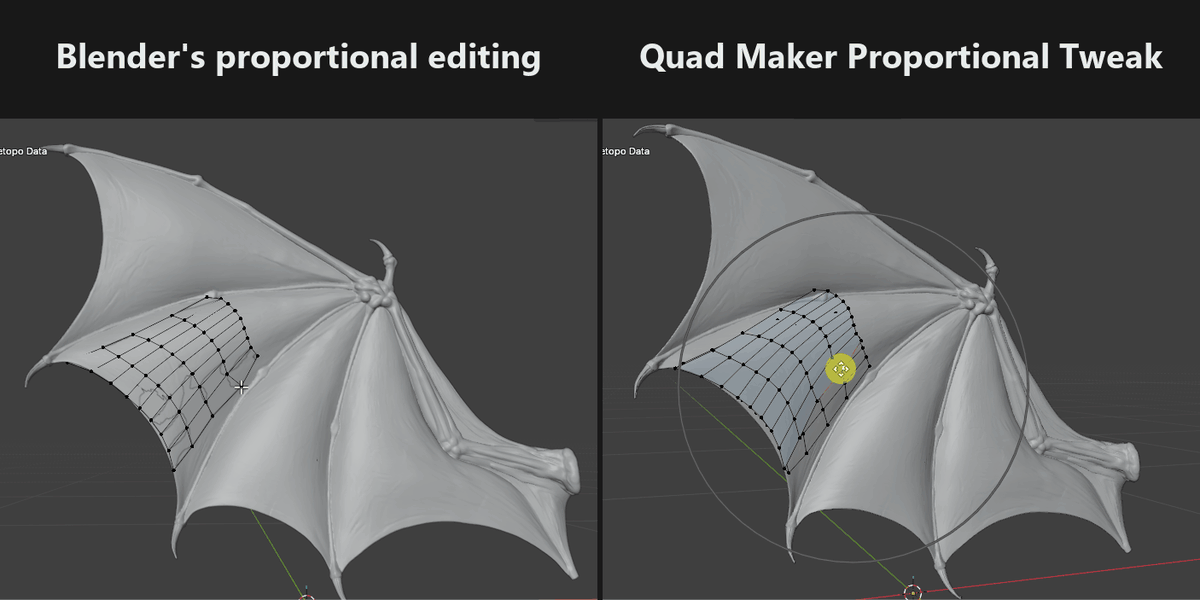 Blender's proportional editing compared with Quad Maker's Proportional Tweak on a bat wing